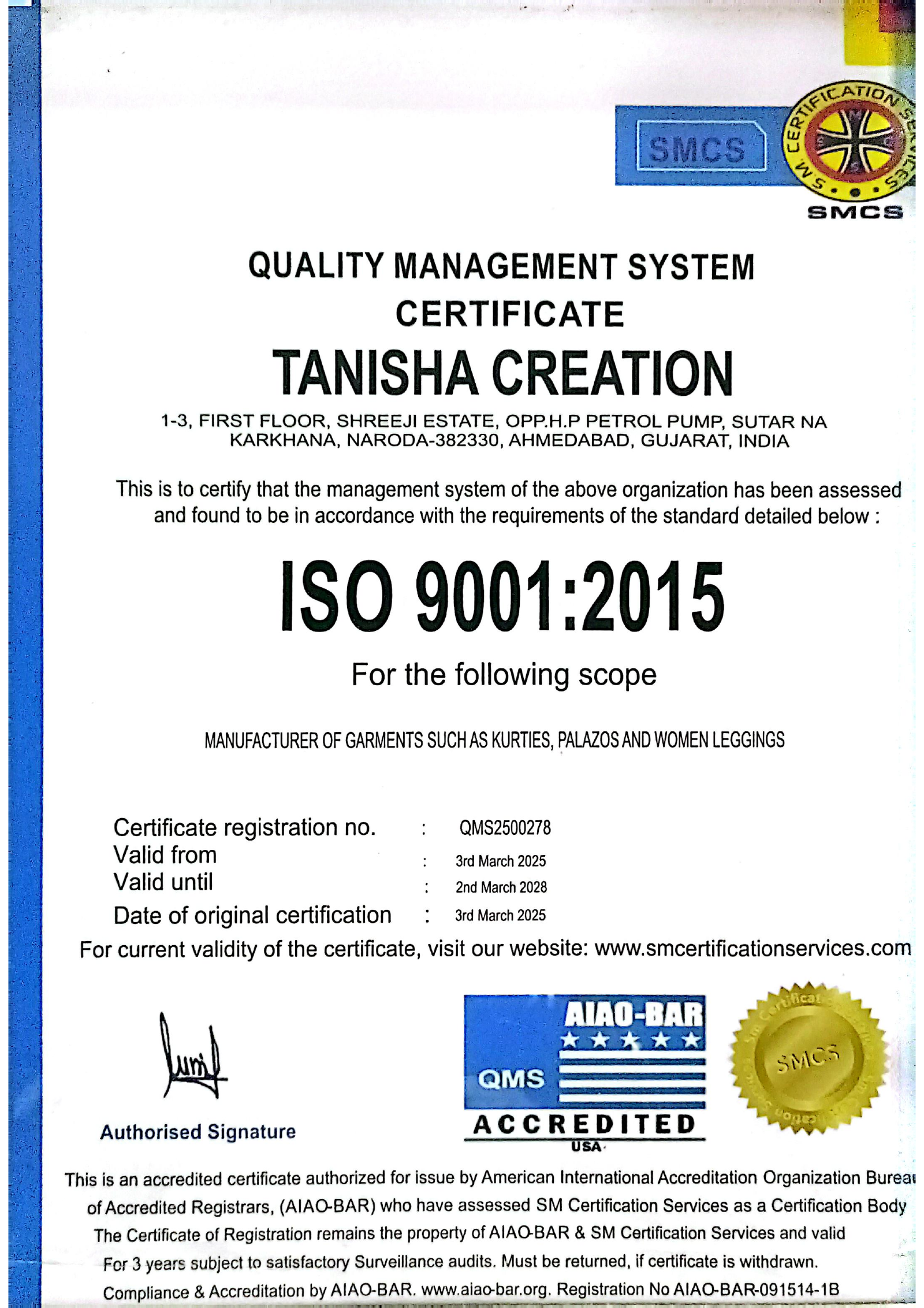 Tanisha Creation ISO Certificate