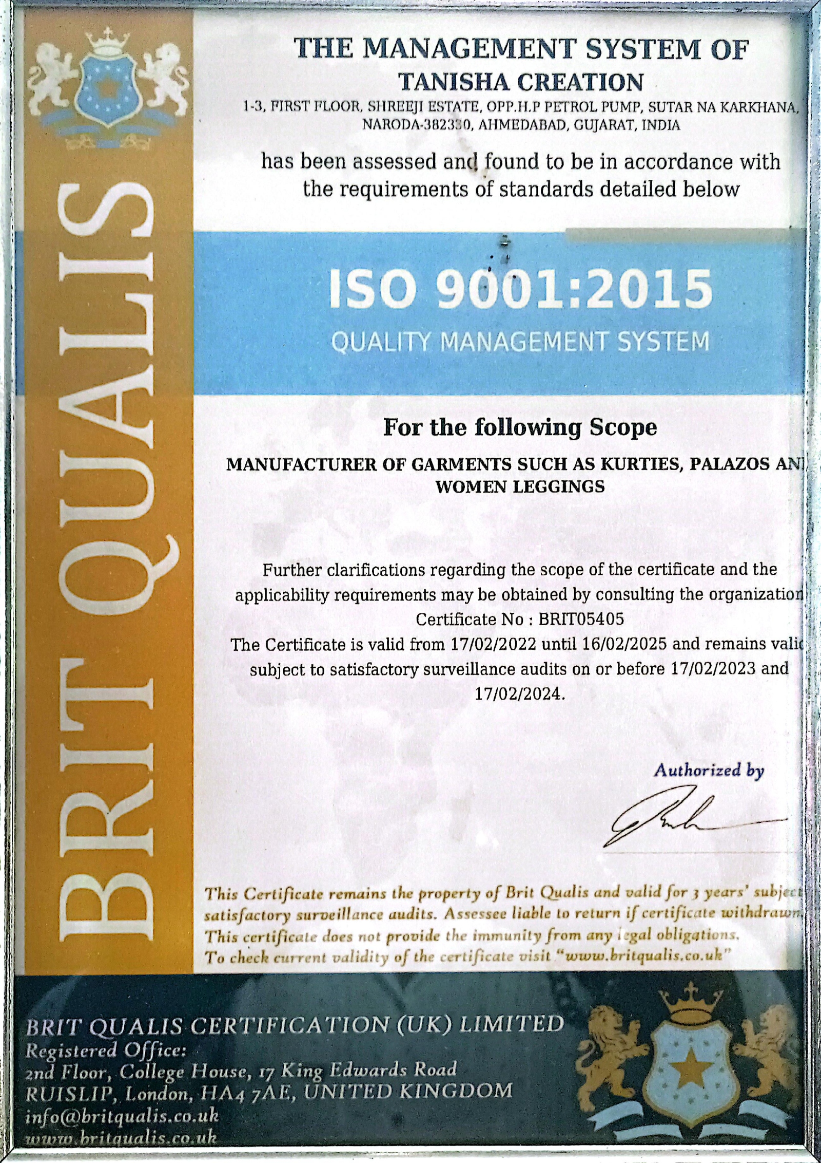 Tanisha Creation ISO Certificate 2